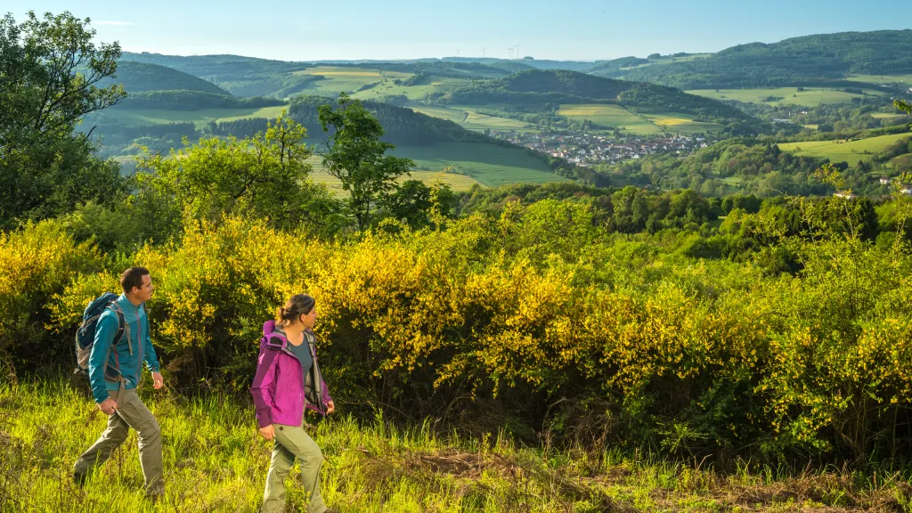 ein Mann und eine Frau wandern durch das Pfälzer Bergland mit weitem Ausblick