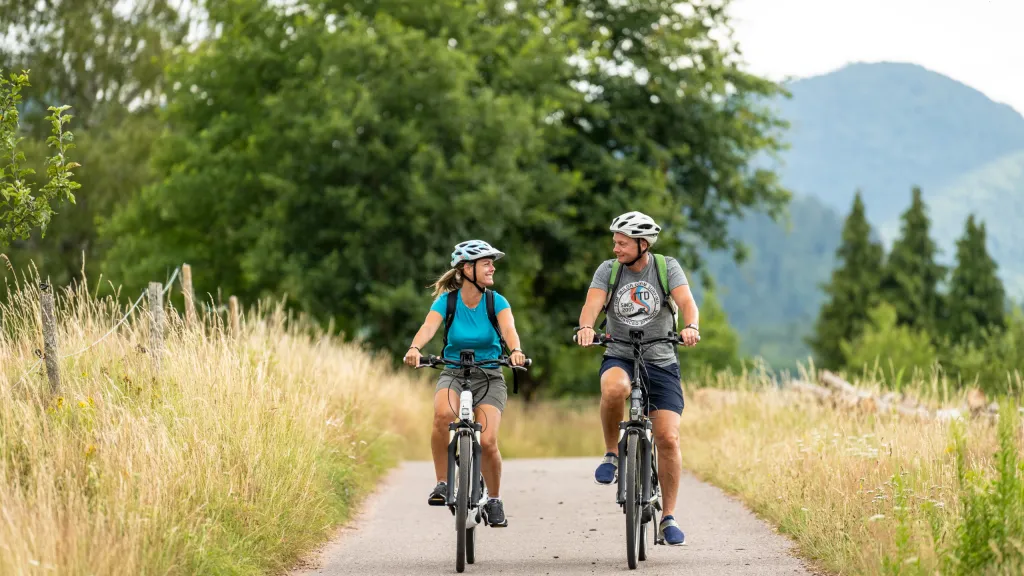 ein Mann und eine Frau fahren Rad im Hintergrund Pfälzer Berge und Wiesenlandschaft