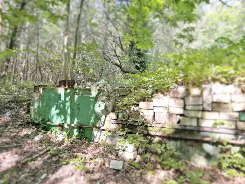 Reste des Bauwerkwerks im Wald zeugen von der einstigen Existenz der Gondelbahn.