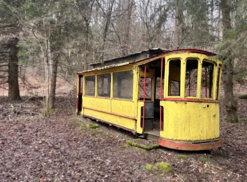 Ein alter Straßenbahnwagon mitten im Wald 