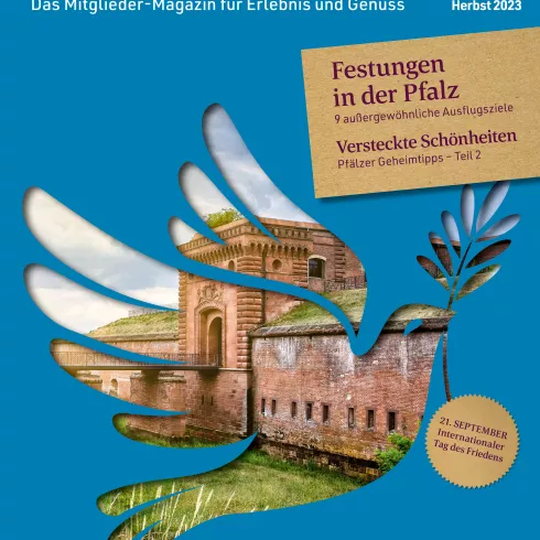 auf himmelblauem Hintergrund Schriftzug Pfalzclub Magazin und Geheimtipps Pfalz