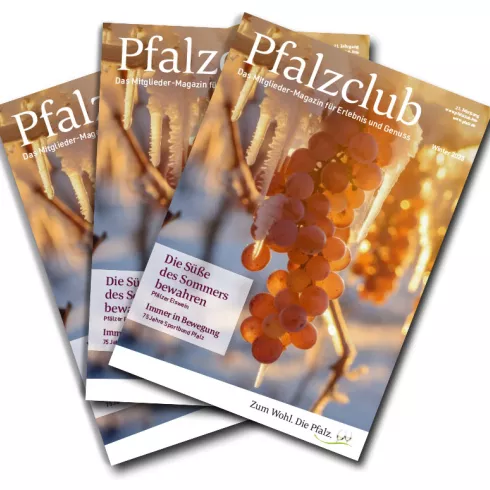 drei Magazine auf denen der Schriftzug Pfalzclub steht und eine Weintraube mit Eiszapfen abgebildet ist. 